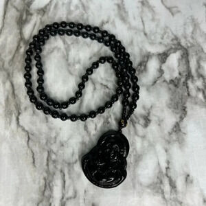 JADE obsidian Black Hand Carved Maitreya Buddah Pendant Necklace
